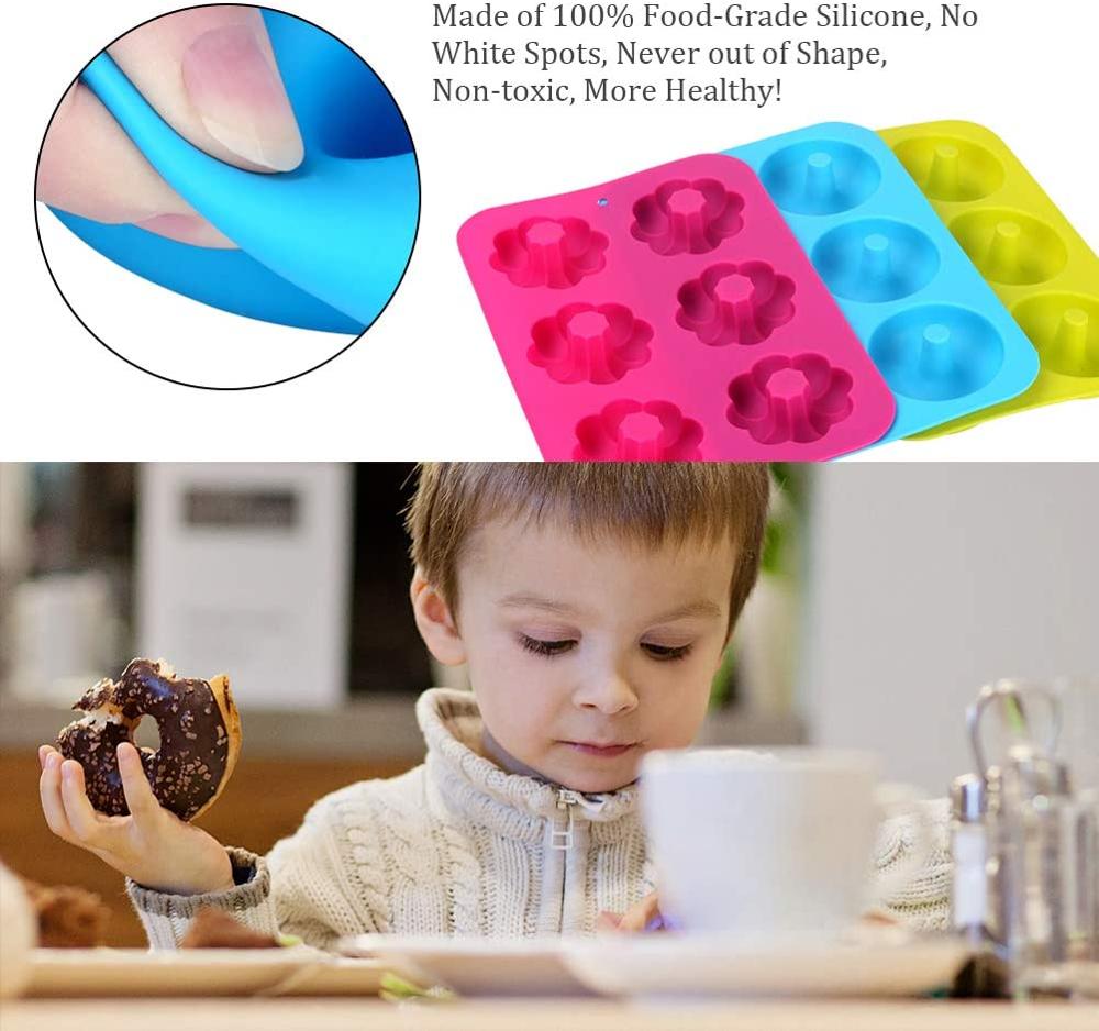 3-Pack Silicone Donut Baking Pan of 100% Nonstick Silicone, 6-Cavity DIY Cake Mould Donut Baking Pan, Easy Clean