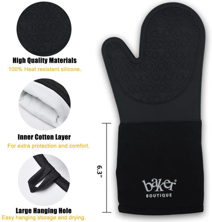 Silicone Oven Gloves, Long Baking Mitts with Inner Cotton Layer, Machine Washable and Durable Heat Resistant Oven Mitts