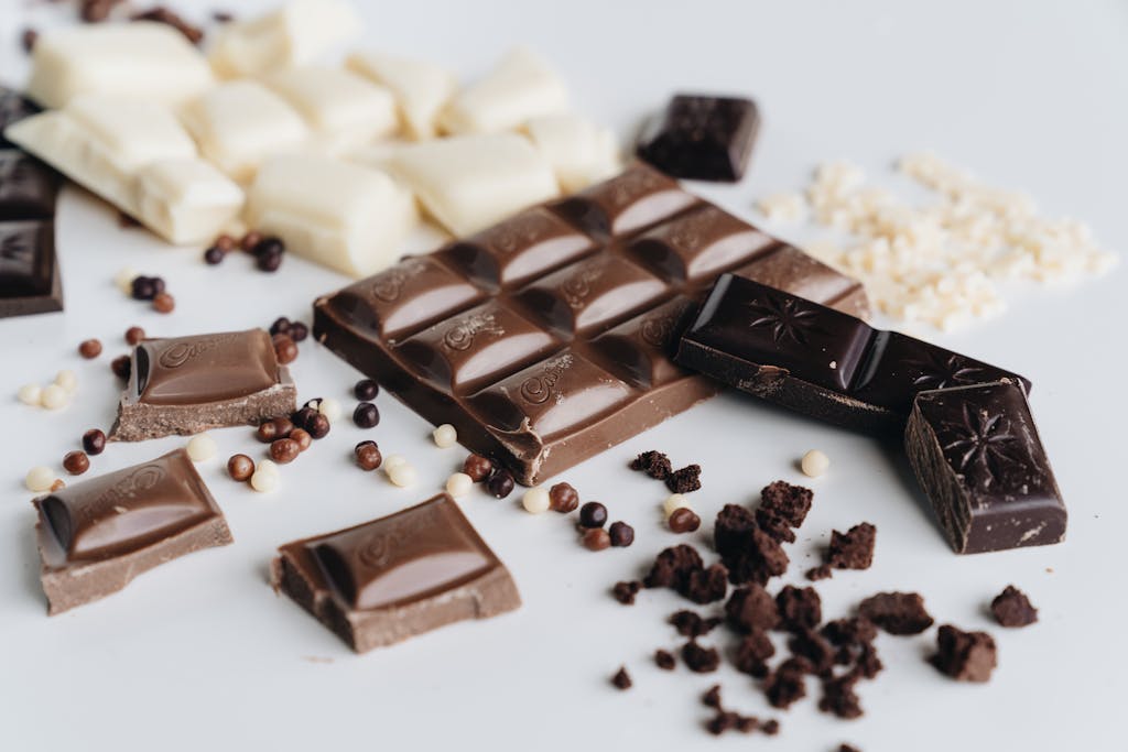 Delicious mix of dark and white chocolate bars with cocoa nibs and chocolate chips.